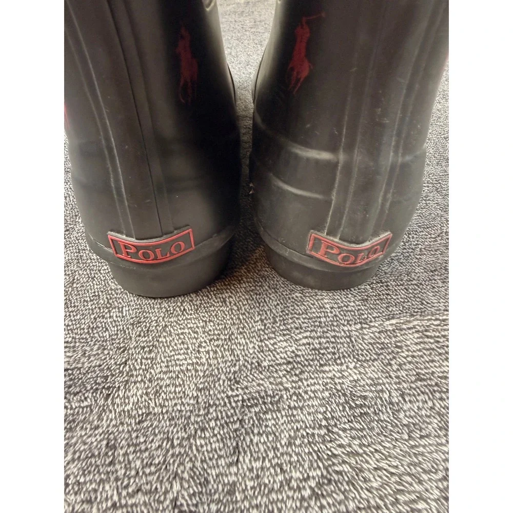 Polo Ralph Lauren Black Red Pony Logo Tall Rubber Rain Boots Mens 7 Womens 9